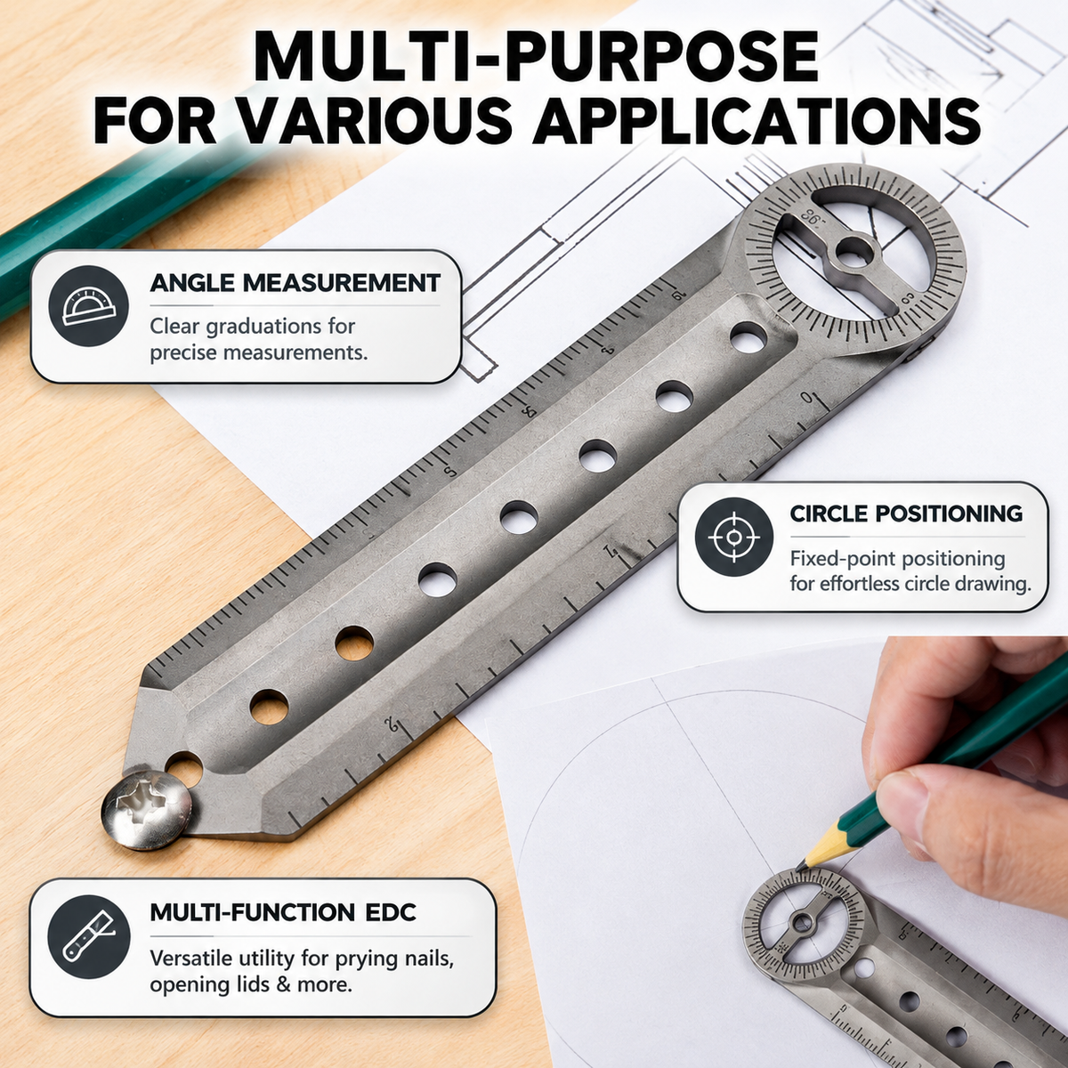 TitanPivot Ruler - Titanium 180° Protractor Parallel Marking EDC Layout Tool