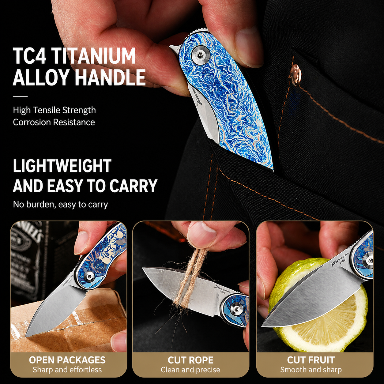 Geisha Blade TC4 Titanium M390 EDC Pocket Knife
