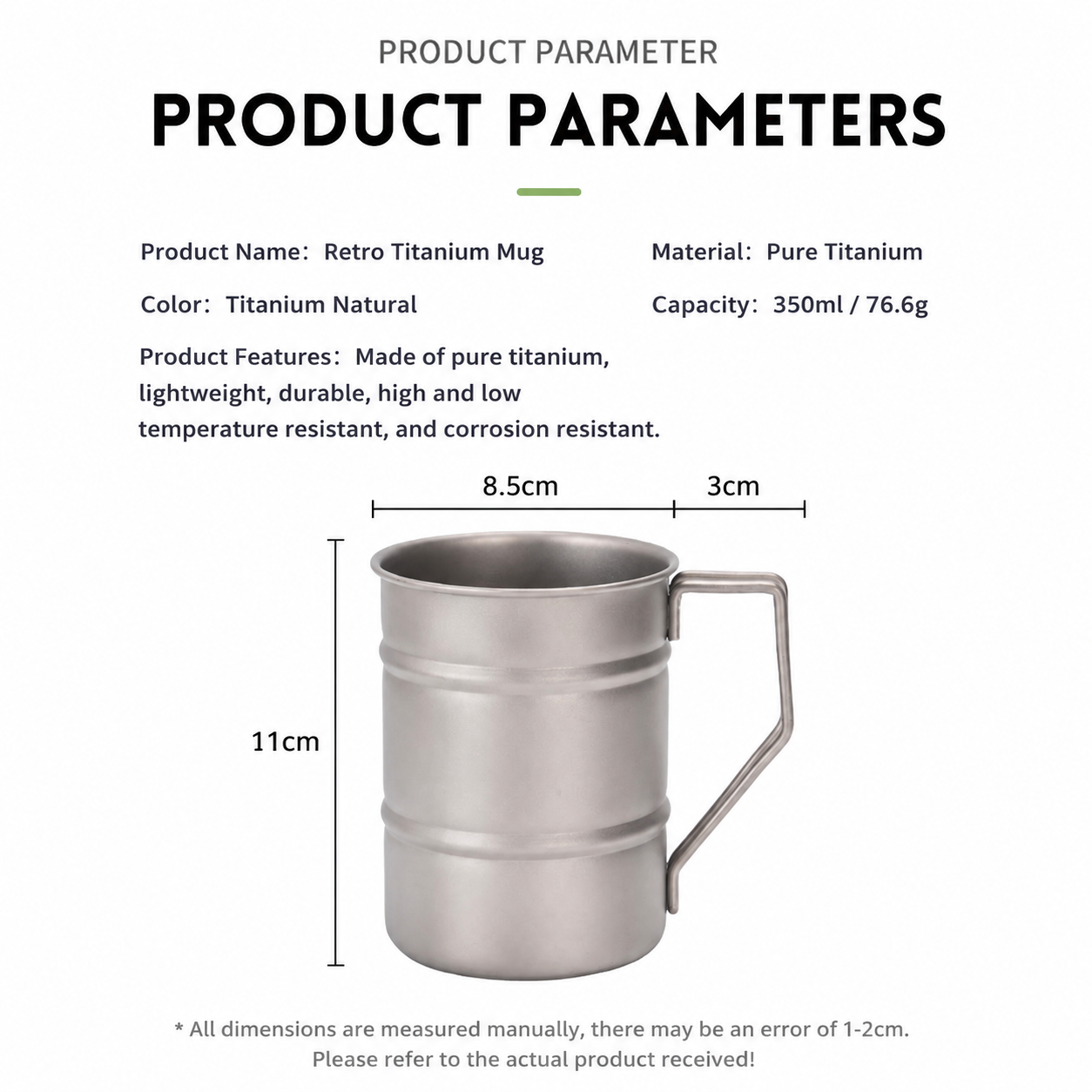 Pure Titanium Camping Mug, 350ml Portable Outdoor Coffee Cup