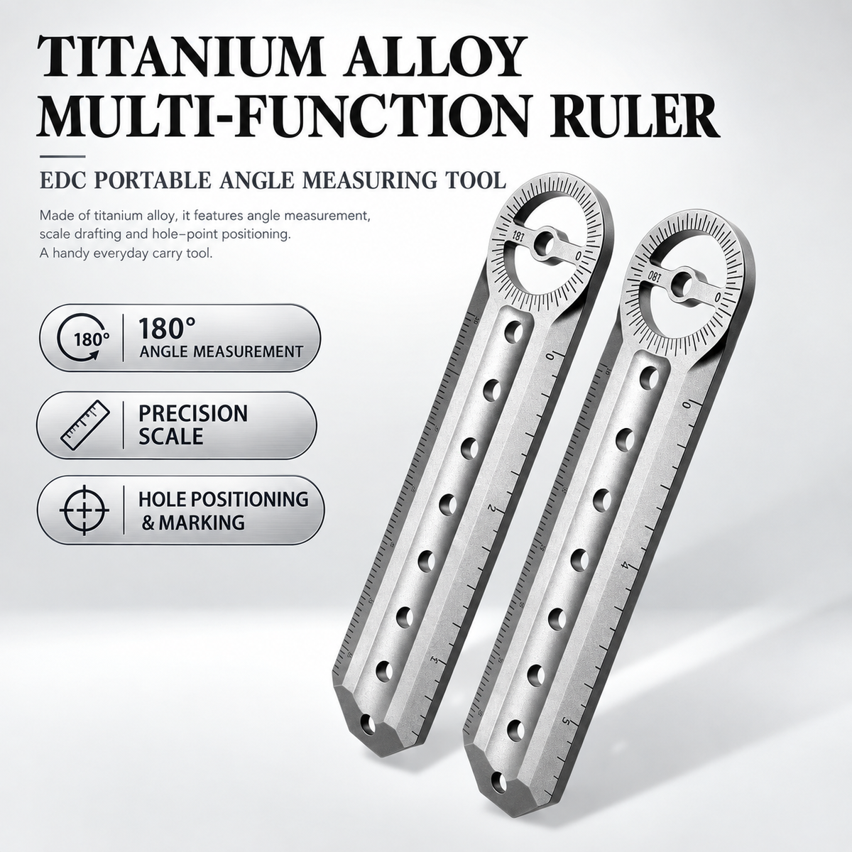 TitanPivot Ruler - Titanium 180° Protractor Parallel Marking EDC Layout Tool