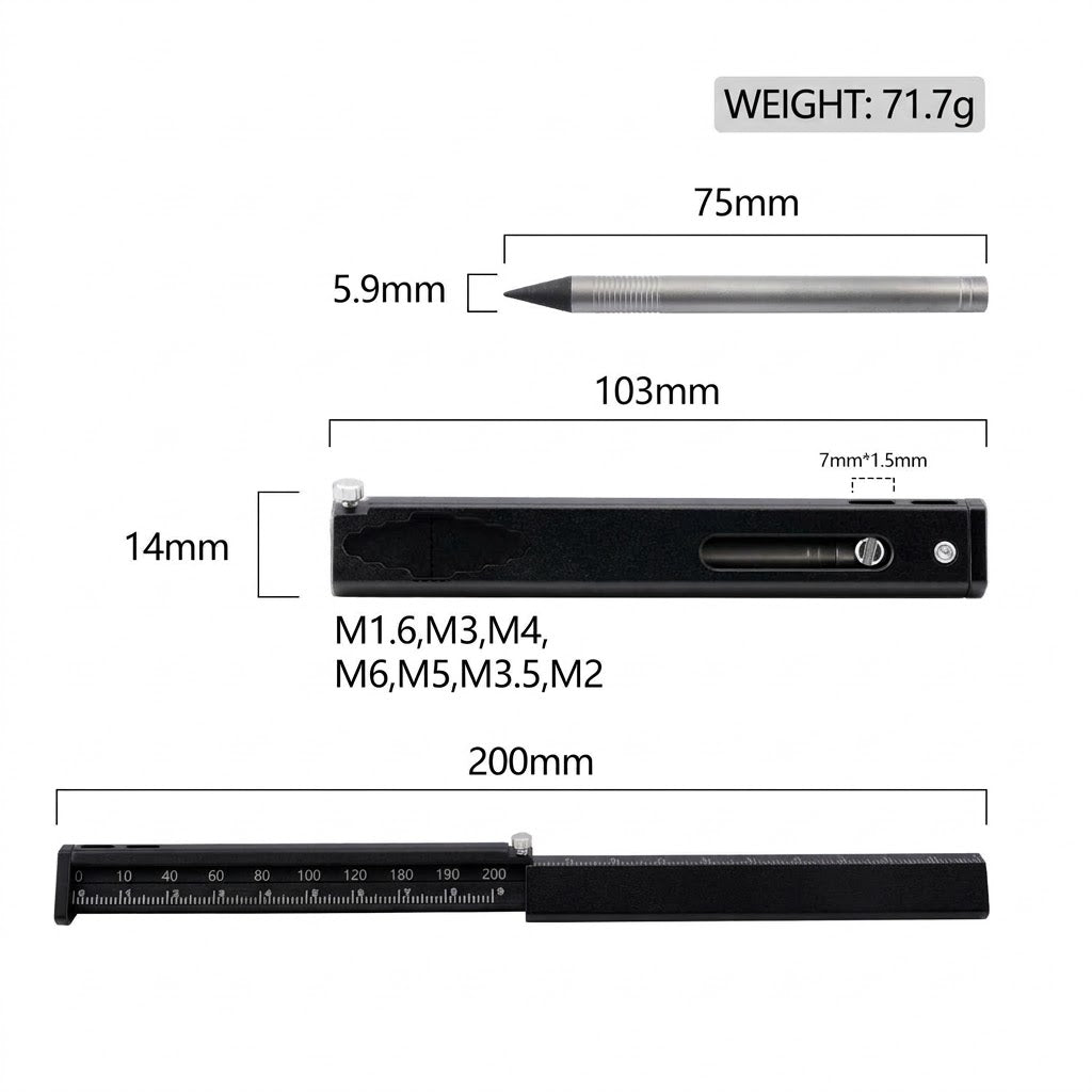 TL07 Titanium Multi-Functional EDC Ruler & Hidden Pencil Set
