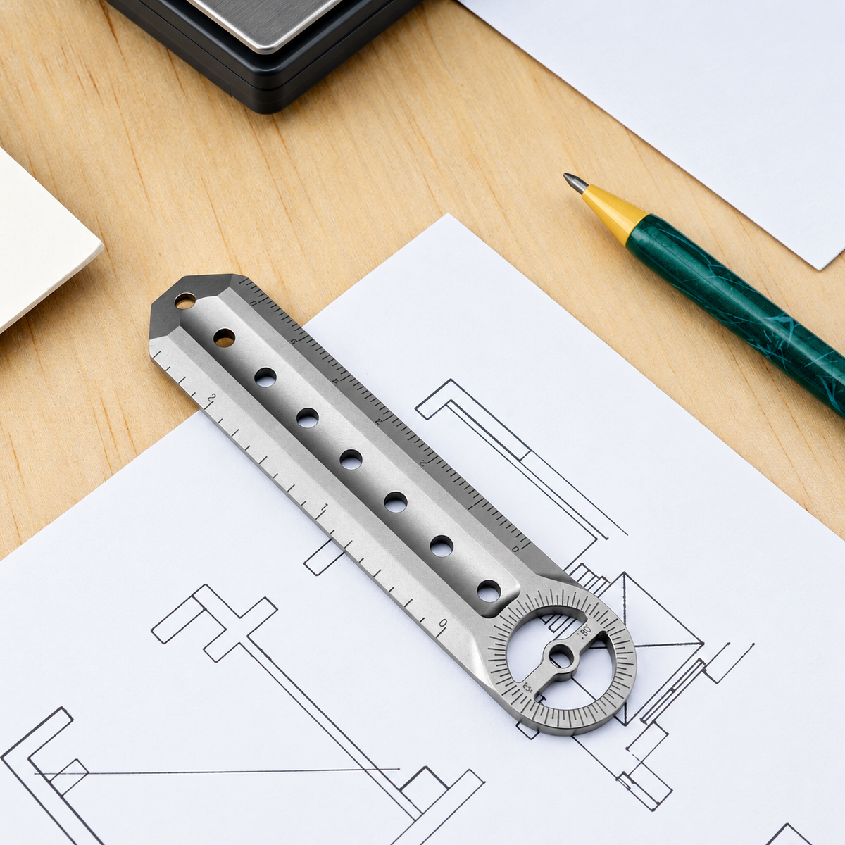 TitanPivot Ruler - Titanium 180° Protractor Parallel Marking EDC Layout Tool