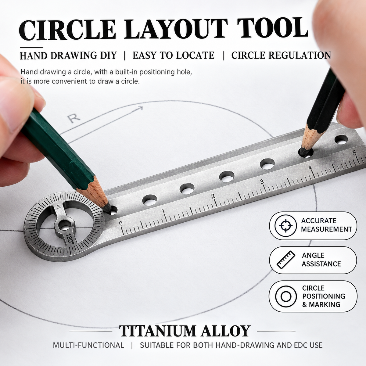 TitanPivot Ruler - Titanium 180° Protractor Parallel Marking EDC Layout Tool