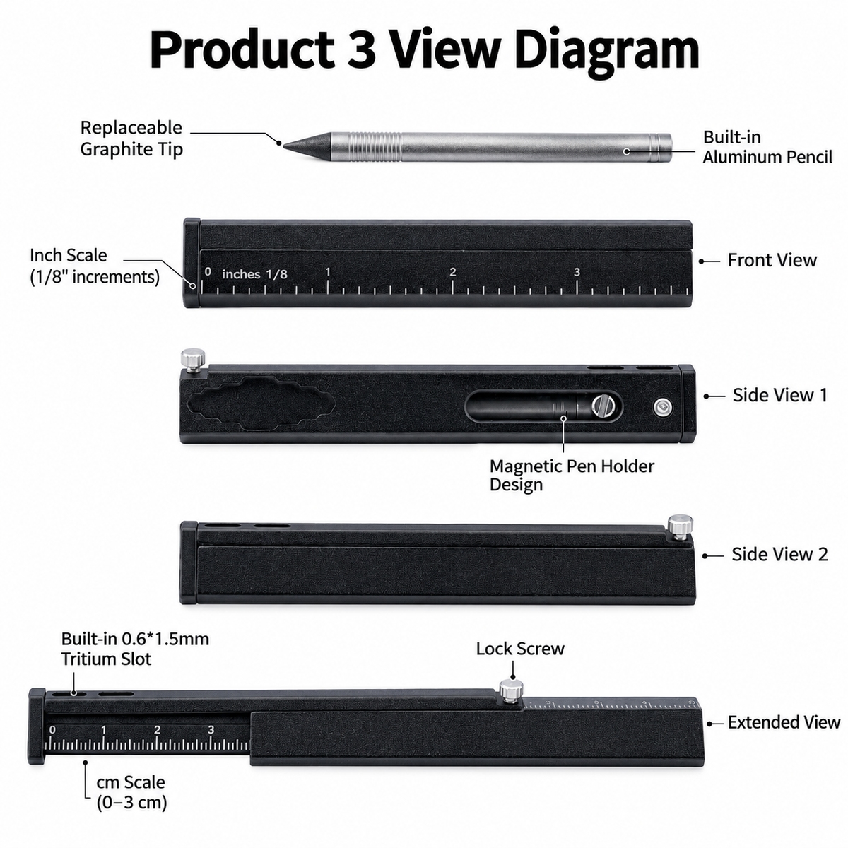 TL07 Titanium Multi-Functional EDC Ruler & Hidden Pencil Set