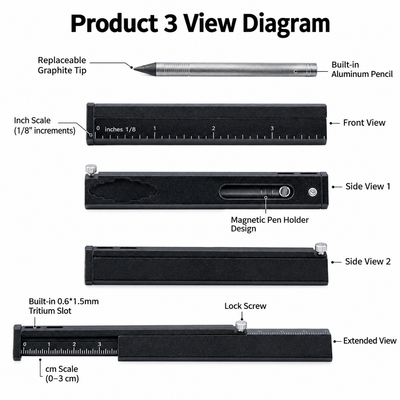 TL07 Titanium Multi-Functional EDC Ruler & Hidden Pencil Set